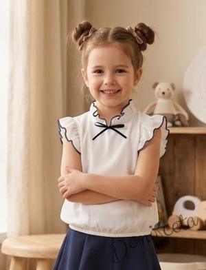 Детска риза за момиче Contrast в бяло с панделка в черно и къдрички с кант в черно