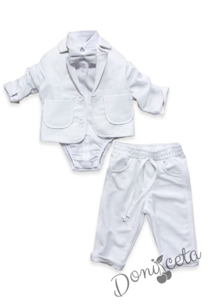 Официален бебешки костюм за момче от 4 части - сако в бяло, риза в бяло, панталон и папийонка в бяло