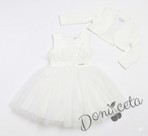Комплект от официална детска рокля Анелия без ръкав с тюл и  болеро от плата на роклята