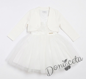 Комплект от официална детска рокля Анелия без ръкав с тюл и  болеро от плата на роклята