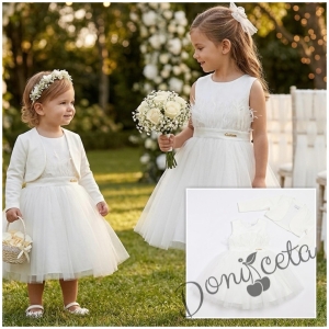 Комплект от официална детска рокля Анелия без ръкав с тюл и  болеро от плата на роклята