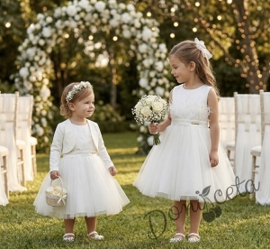 Комплект от официална детска рокля Анелия без ръкав с тюл и  болеро от плата на роклята