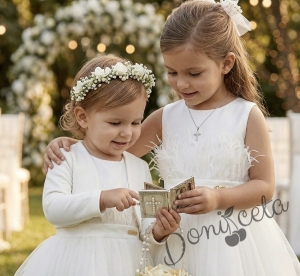 Комплект от официална детска рокля Анелия без ръкав с тюл и  болеро от плата на роклята