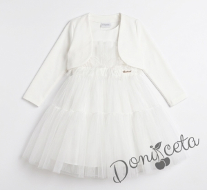Комплект от официална детска рокля Анелия без ръкав с тюл с харбала и  болеро от плата на роклята