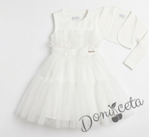 Комплект от официална детска рокля Анелия без ръкав с тюл с харбала и  болеро от плата на роклята