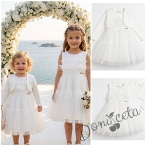 Комплект от официална детска рокля Анелия без ръкав с тюл с харбала и  болеро от плата на роклята