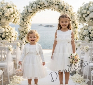 Комплект от официална детска рокля Анелия без ръкав с тюл с харбала и  болеро от плата на роклята