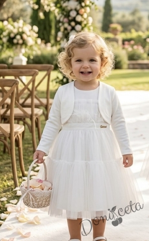 Комплект от официална детска рокля Анелия без ръкав с тюл с харбала и  болеро от плата на роклята