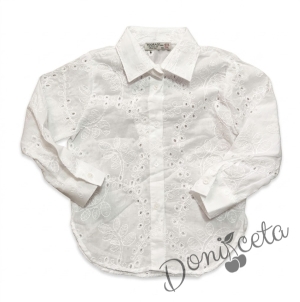 Детска бяла риза за момиче с дълъг ръкав с бродерии