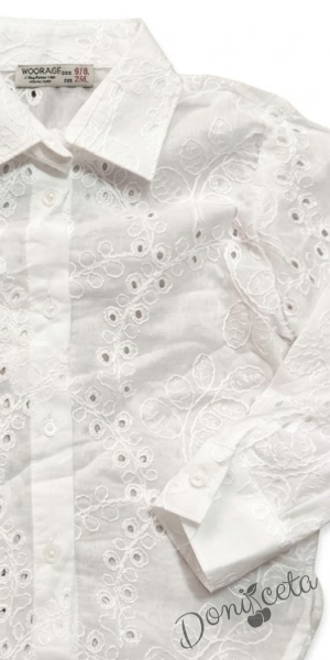 Детска бяла риза за момиче с дълъг ръкав с бродерии