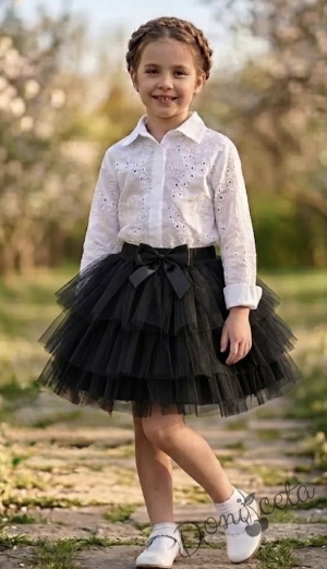 Комплект от 2 части-детска туту пола пачка в черен цвят и ризка с бродерия в бяло