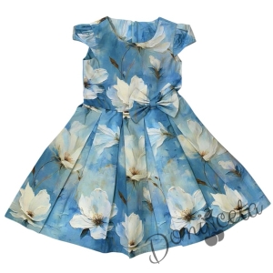 Официална детска рокля в синьо на цветя с 3D ефект и ефектна панделка 1