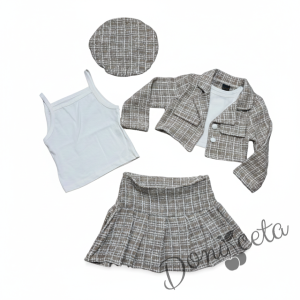 Комплект от 4 части- сако,  пола в бежово със сребриста нишка, потник в бяло и барета