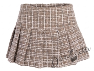 Комплект от 4 части- сако,  пола в бежово със сребриста нишка, потник в бяло и барета