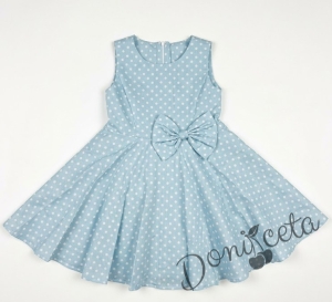 Комплект от 3 части-детска рокля клош в светлосин цвят Вилина на точки, диадема и чорапки 