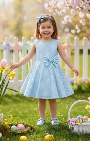 Официална или ежедневна детска/бебешка рокля в светлосиньо на точки тип клош  Вилина