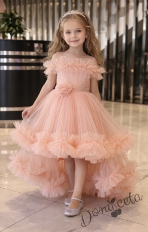 Официална празнична детска рокля Мелиса в прасковено с ефирен тюл с шлейф 