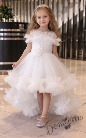 Официална празнична детска рокля Мелиса в бяло с ефирен тюл с шлейф 