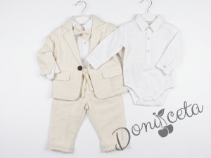 Бебешки летен комплект Terry за момче от 4 части - боди-риза в бяло с панталон, сако и папийонка в екрю