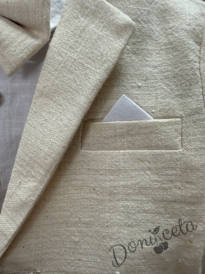 Бебешки летен комплект Terry за момче от 4 части - боди-риза в бяло с панталон, сако и папийонка в екрю