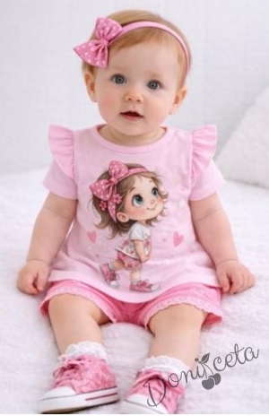 Блузка с къс ръкав за бебе момиче в розово с апликация 