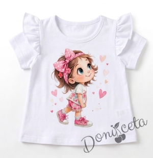 Блузка с къс ръкав за бебе момиче в бяло с апликация 