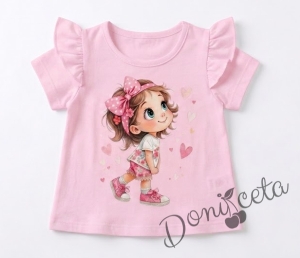 Блузка с къс ръкав за бебе момиче в розово с апликация 