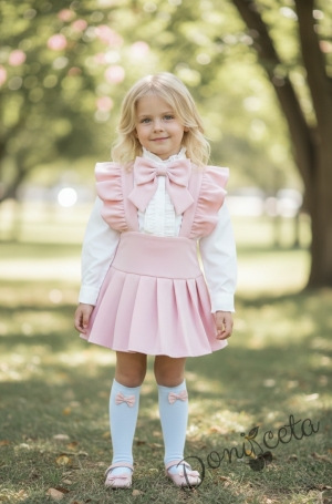 Комплект за момиче от 5 части- сукман Гери в розово с плисирана пола, риза в бяло с дълъг ръкав и къдрички с панделка в розово, чорапки и диадема