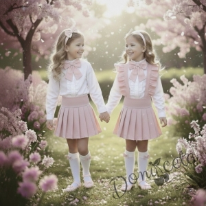 Комплект за момиче от 5 части- сукман Гери в розово с плисирана пола, риза в бяло с дълъг ръкав и къдрички с панделка в розово, чорапки и диадема