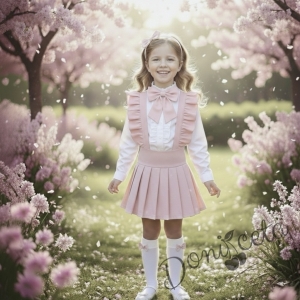 Комплект за момиче от 5 части- сукман Гери в розово с плисирана пола, риза в бяло с дълъг ръкав и къдрички с панделка в розово, чорапки и диадема