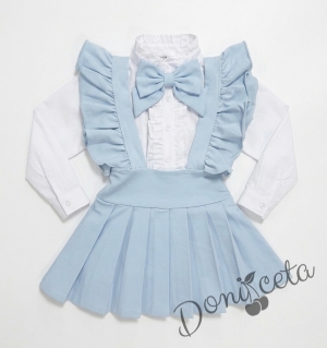 Комплект за момиче от 5 части- сукман Гери в светлосиньо с плисирана пола, риза в бяло с дълъг ръкав и къдрички с панделка, чорапки и диадема