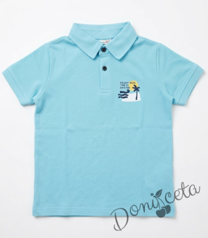 Детска блуза  за момче с къс ръкав и яка в светлосиньо с щампа