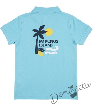 Детска блуза  за момче с къс ръкав и яка в светлосиньо с щампа