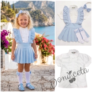 Комплект за момиче от 4 части- сукман трико Гери в светлосиньо с плисирана пола, риза в бяло с къс ръкав и къдрички , чорапки и диадема в  розово