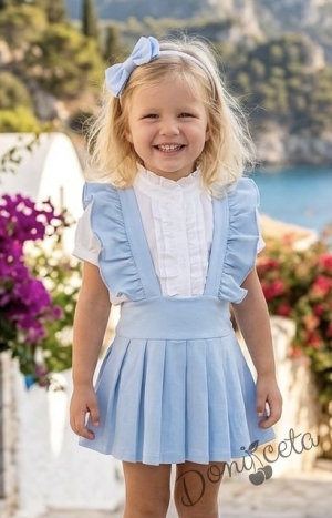 Комплект от сукман от трико с къдрички в светлосиньо Гери и блуза с къс ръкав с панделка и къдрички 