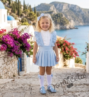 Комплект от сукман от трико с къдрички в светлосиньо Гери и блуза с къс ръкав с панделка и къдрички 