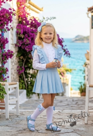 Комплект за момиче от 5 части- сукман Гери в светлосиньо с плисирана пола, риза в бяло с дълъг ръкав и къдрички с панделка, чорапки и диадема