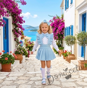 Комплект за момиче от 5 части- сукман Гери в светлосиньо с плисирана пола, риза в бяло с дълъг ръкав и къдрички с панделка, чорапки и диадема