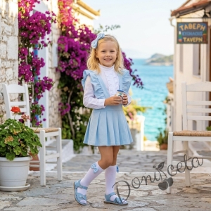 Комплект за момиче от 4 части- сукман Гери в светлосиньо с плисирана пола, риза в бяло с дълъг ръкав и къдрички , чорапки и диадема в  розово