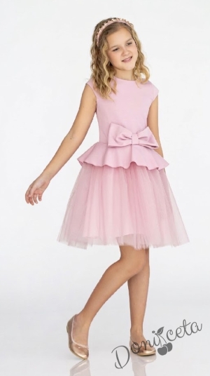 Детска рокля с къс ръкав с тюл и панделка в розово Contrast