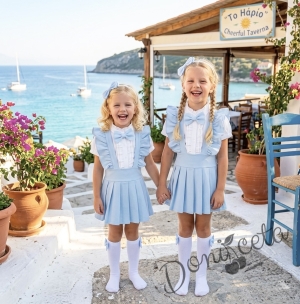 Детски сукман Гери в светлосиньо от трико с плисирана пола