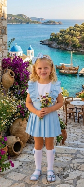 Детски сукман Гери в светлосиньо от трико с плисирана пола