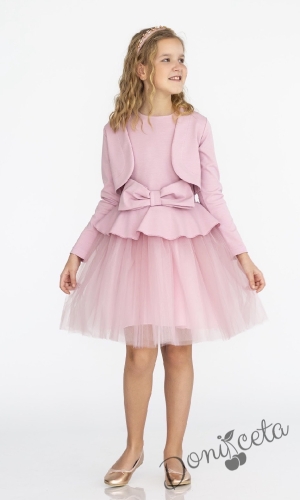 Комплект от детска рокля с къс ръкав с тюл и панделка в розово и болеро Contrast