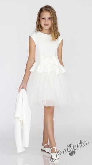 Комплект от детска рокля с къс ръкав с тюл и панделка в бяло и болеро Contrast