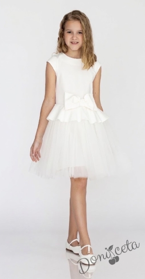 Комплект от детска рокля с къс ръкав с тюл и панделка в бяло и болеро Contrast