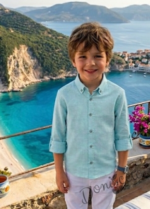 Детска риза с дълъг ръкав  за момче в тюркоаз с копчета в бежово