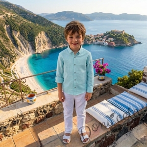 Детска риза с дълъг ръкав  за момче в тюркоаз с копчета в бежово