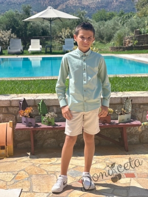 Детска риза с дълъг ръкав  за момче в тюркоаз с копчета в бежово