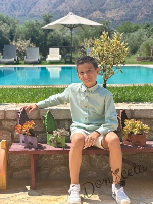 Детска риза с дълъг ръкав  за момче в тюркоаз с копчета в бежово