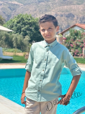 Детска риза с дълъг ръкав  за момче в тюркоаз с копчета в бежово